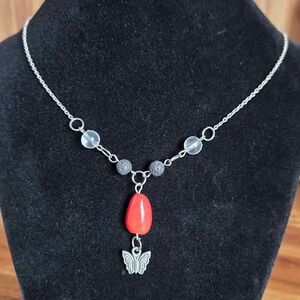 Handmade Aromatherapy Necklace Lava Stone Red Agate Butterfly Pendant 20 Inch